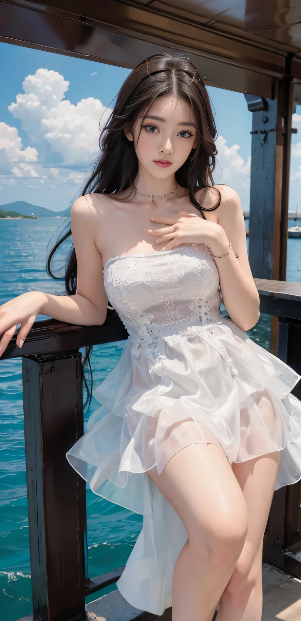 (full body),(best quality,ultra-detailed,photorealistic),beautiful detailed eyes,beautiful detailed lips,youthful female model, sweet girl dress,strapless dress,jewelry,saturated,wet all over,open sea,blue sky and clouds,Surfing on a sailboat, leaning against the railing,captivating smile, long legs,slender figure,stunning face, masterpiece