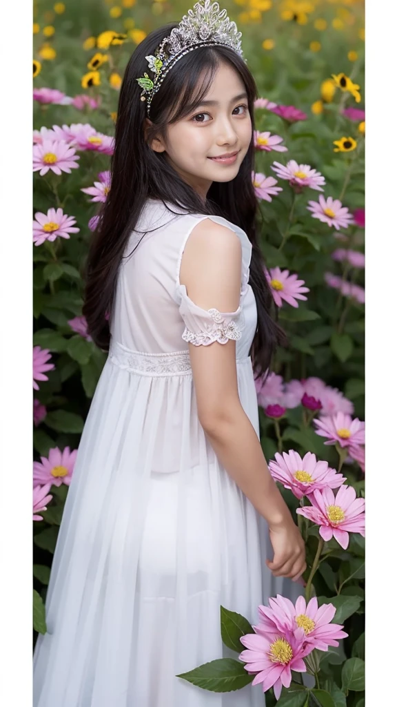 I'm in the sea .Cute baby face. Water gushes out from below. A baby-faced, fair-skinned Japanese woman. She has bangs. Her hair style is a bun. Cinematic shot. Color photo of 2024. A 20 year old cute Japanese woman. She is wearing a tattered white dress. She has wheat-colored skin. A pond in the forest park. A shy smile. --s 750 --style raw