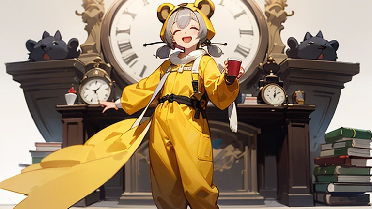 ((highest quality)), ((masterpiece)), (detailed), //
[(White Background:1.5)::5],
//
(alone:1.2),1 girl,a bit,smile,Open your mouth,close your eyes,Gray Hair,Low Twintails, Bear ears, whole body, Are standing,(Yellow animal costume:1.2), put on the hood, at home,growing up,Bookhelves, Cat, Book, cup, clock,