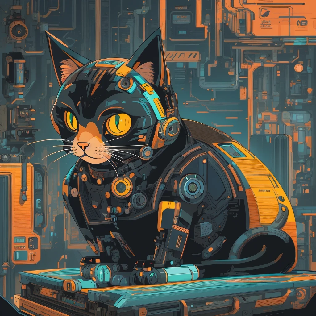 （Profile portrait）There is a black cat wearing headphones sitting on the turntable, CyberpunkCat, MachineCat, Just a joke, Tom Whalen (Tom Whalen) of inspiration, Lofi Art, Cat, Tom Whalen 8K, Digital illustration style, Retro illustration, Illustration of a Cat, NetworkCat, Lofi portrait, Cat, Cat Design, Inside the Robot Cat&#39;s Head（（（1Cat）））There is a Cat sitting in a suitcase, commend art, MachineCat, Tom Whalen (Tom Whalen) of inspiration, Cat Design, commend portrait, Cat, NetworkCat, Just a joke, Tom Whalen 8K, commend, commend vibe, CyberpunkCat, commend technology, Illustration of a Cat, commend artstyle, commend album art，there is a cat that is sitting on a machine, robot cat, cat robot, robotic cat, industrial robotic cats, cyborg cat, a cyborg cat, fully robotic!! cat, robot portrait, portrait of a robot, cybercat, inside a mechanical cat's head, portrait of a cyberpunk machine, robot animal, inspired by Tom Whalen, cyberpunk cat, cyborg kitten