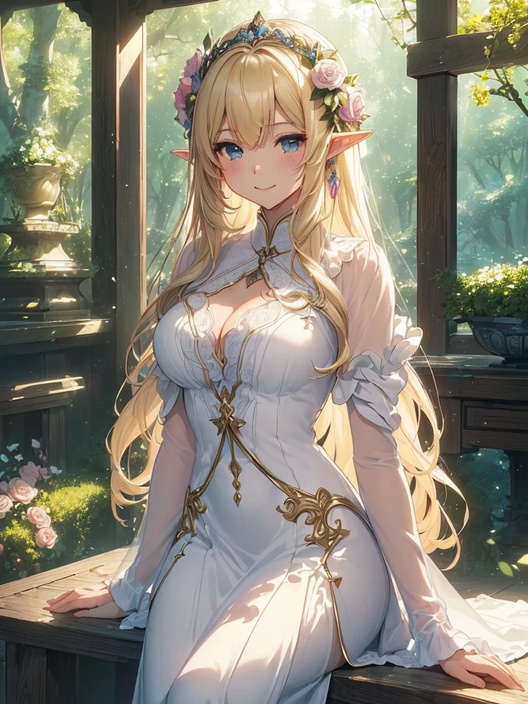 最high quality、Best image quality、masterpiece、Beautiful Face、、Titania、Resting on a bench、Super beautiful elf girl((22 year old office lady big bust、Bust 90,Beautiful long ironed hair、blonde、height: 165cm。thin、Beautiful dress、cowboy shot,、Esbian、spring、青いnull、high quality、美しいart、、Pieces fly、ビジュアルart、Depth of written border、、Elf Ears、、Lightのmagic、universe、Happy smile、穏やかなLight、Beautiful Forest、、、elegant、ticker beautiful decorative、、、mystery的な　Rosa、Rose、、Light、　null、art、Lord of the Ring、Spectacular scenery、sexy、A friendly smile、wonderful、flower畑、nature、universeのmagic、magicのLight、Fantasy、flower、super REALITYa lotのRose、magic、Grow Fantasy、、mysteryのLight、Art Nouveau、Alphonse　a lot、、art、art,mystery,UHD,magicalgentle light,sexy