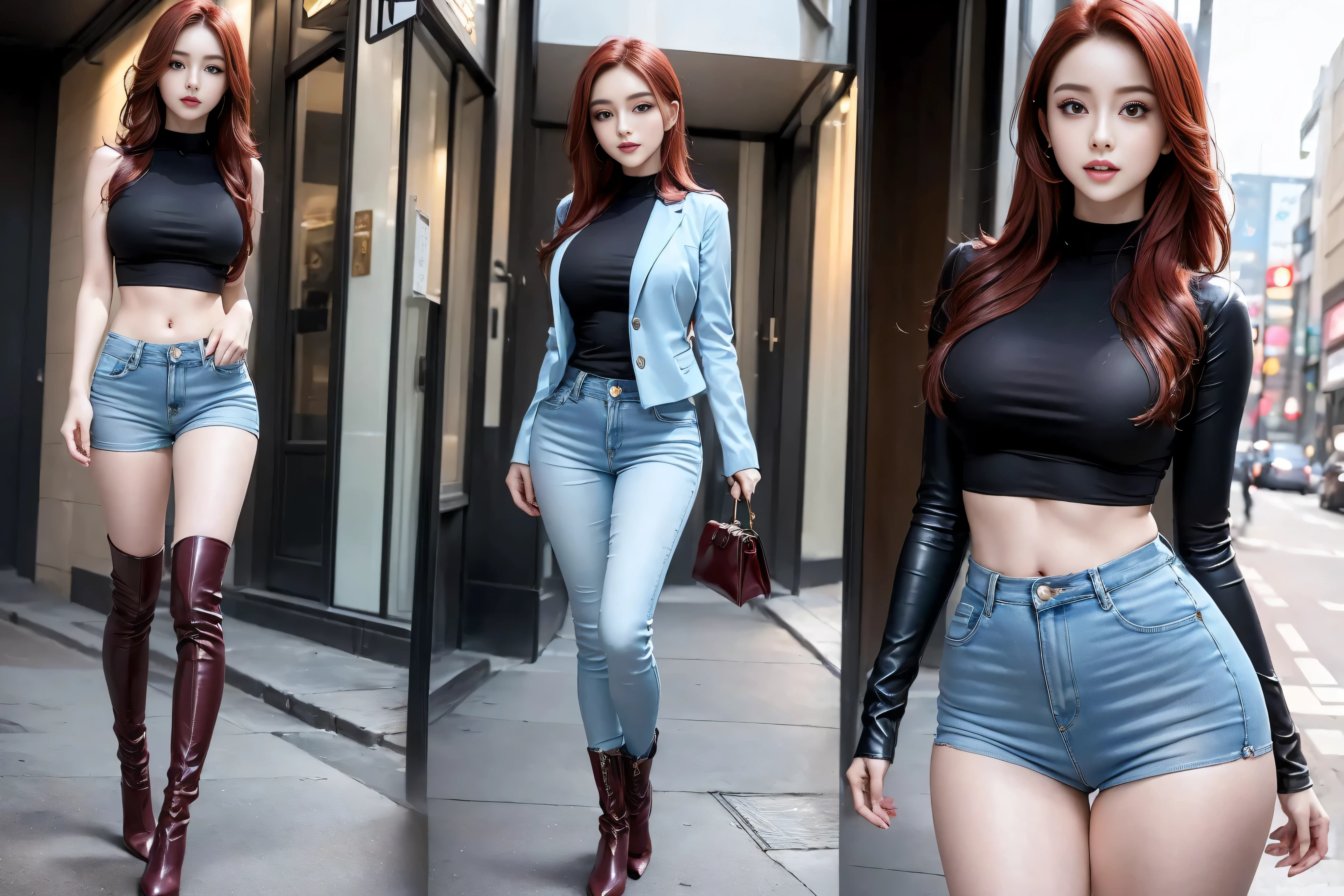 ((Realistic lighting, best quality, 8K, masterpiece:1.3)), Lock focus:1.2,  Beautiful woman with perfect figure:1.4, 3 beautiful Korean girls, Korean pop idol，Leg length，(Pale skin), (big eyes),（Smile：0.8），（Plump and sexy lips）， Complex and detailed face, ((Super delicate skin))，Delicate face，Ultra-thin face，Fine Eyes，Double eyelids，((Dark red hair)), (White lace underwear:1.4）,Background Shibuya streets，Large depth of field，Ultra-thin face，Fine Eyes，Double eyelids，（Start from below：1.attitude，（Mid-chest：1.2），Sexy long legs， （Thigh gap：1.5），Wide hips，S-Shaped Body， Hips lifted，Leg length，Light blue skinny jeans，Full body proportions from the front，Long over-the-knee leather boots，