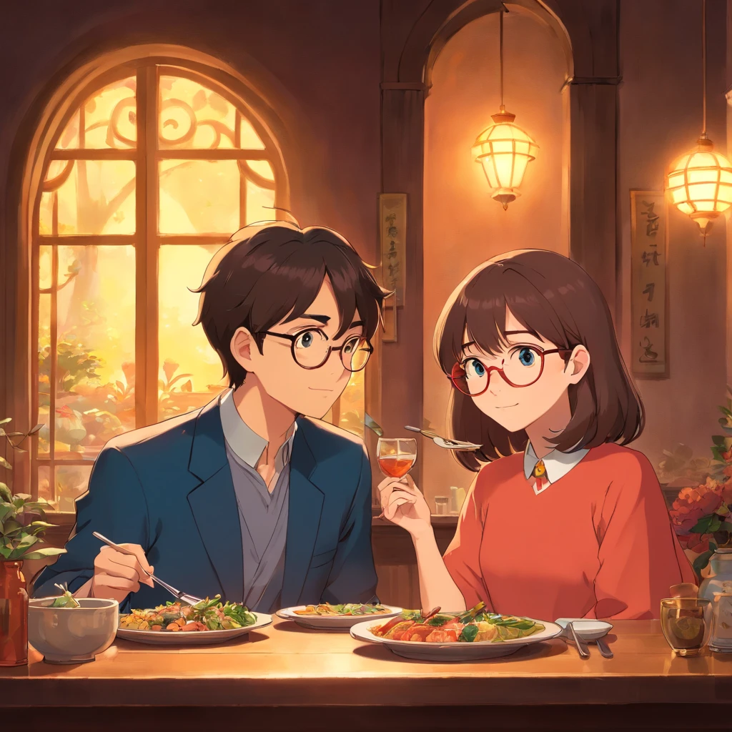 Studio Ghibli inspired, Happy couple on a date, laughing and exchanging affectionate glances.