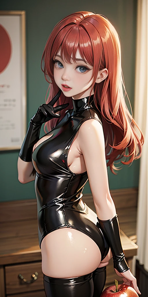 a digital illustration featuring a red-haired woman. The woman is dressed in a skin-tight shiny black latex leather bodysuit adorned with gold accents. In her raised right hand, she holds a bright red apple. The woman's left hand is tucked behind her back. Her blue eyes are looking directly at the viewer, creating an engaging effect. The background is composed of variations of the color red, enhancing the overall vibrancy of the depiction.