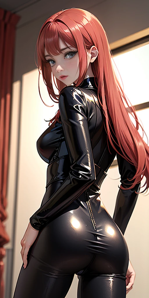 a digital illustration featuring a red-haired woman. The woman is dressed in a skin-tight shiny black latex leather bodysuit adorned with gold accents. In her raised right hand, she holds a bright red apple. The woman's left hand is tucked behind her back. Her blue eyes are looking directly at the viewer, creating an engaging effect. The background is composed of variations of the color red, enhancing the overall vibrancy of the depiction.