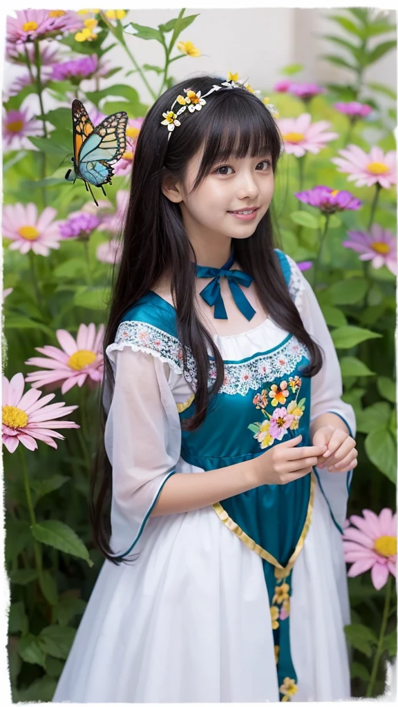 Beautiful girl in a fairy costume, surrounded by flowers and butterflies. content: Watercolor. style: Whimsical and delicate, Like an illustration in a children's book.