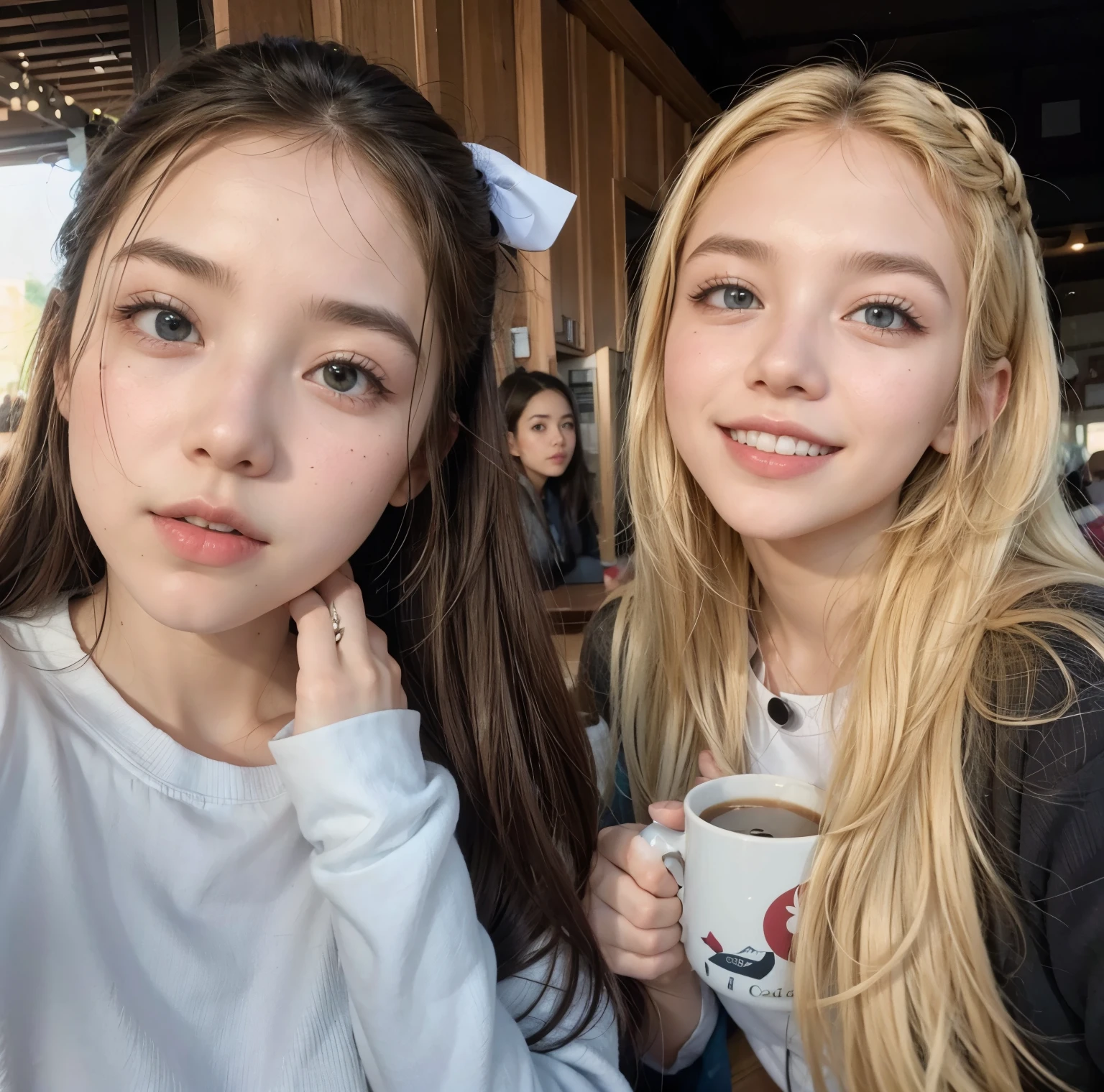 Two women pose for a photo with a cup of coffee., sydney sweeney, una rubia y una morena, Ruan Jia y Mandy Jurgens, 📷 ausencia y rumpleteazer, Kailee Mandel, two girls, sorteos de jazz y ross, hermosos gemelos geminis, ilya kuvshinov con pelo largo, chicas hermosas