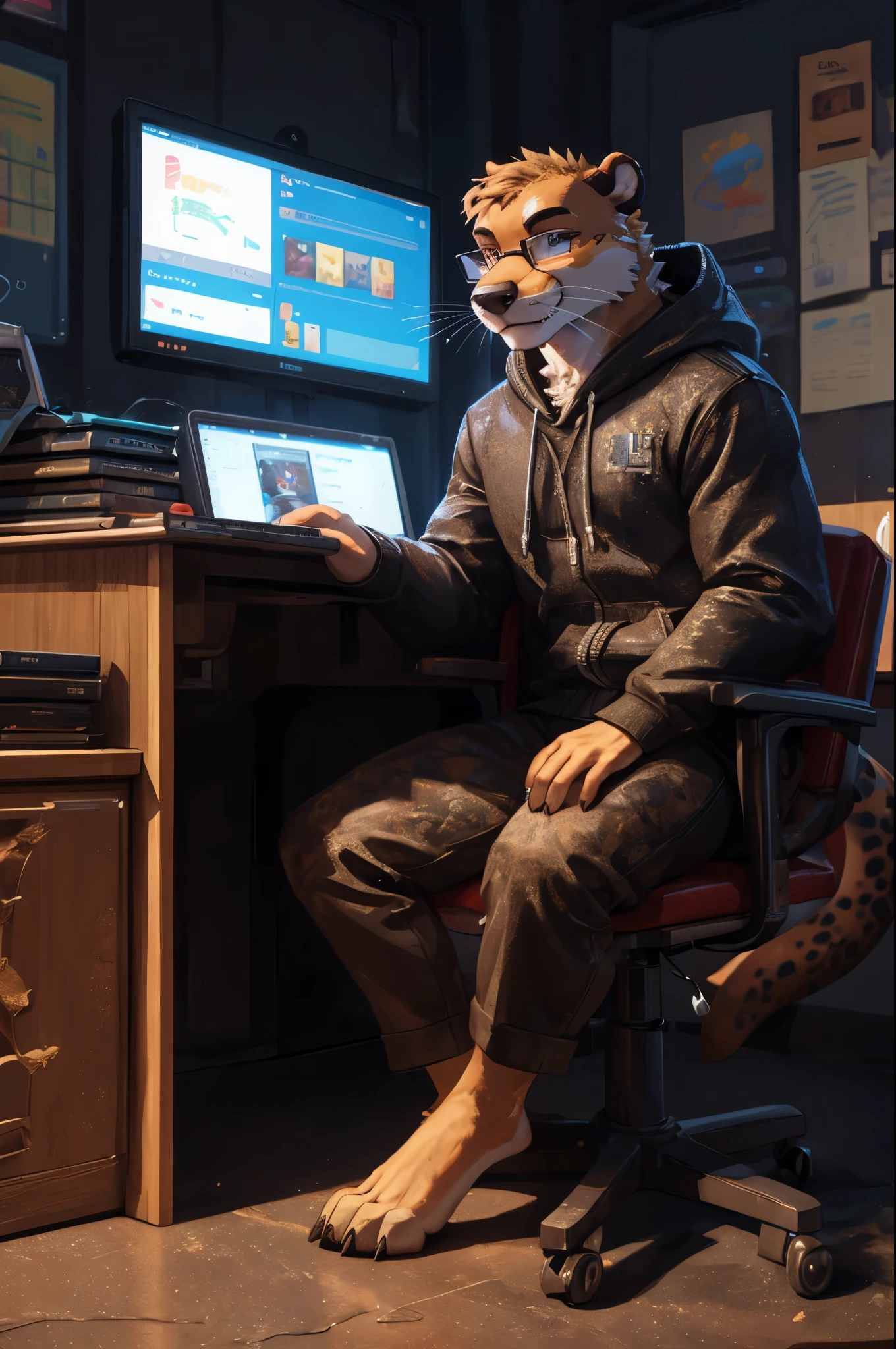 (((Barefoot furry character, full body, cinematic setting, furry male, plantigrade)))
computer class scene with a tech-savvy otter ((teacher)) wearing a hoodie and glasses, sitting at a computer desk surrounded by monitors and circuit boards. This otter represents the evil embodiment of ICT as a school subject, depicting stereotypes and prejudices towards ICT teachers.
BREAK, detailed background, 8K, (masterpiece:1.5), intricate details, highly detailed, extreme detail, octane render, fine art, best quality, highres, (detailed face:1.5), ((full_body)), UHD, (((perfect hands))), low light