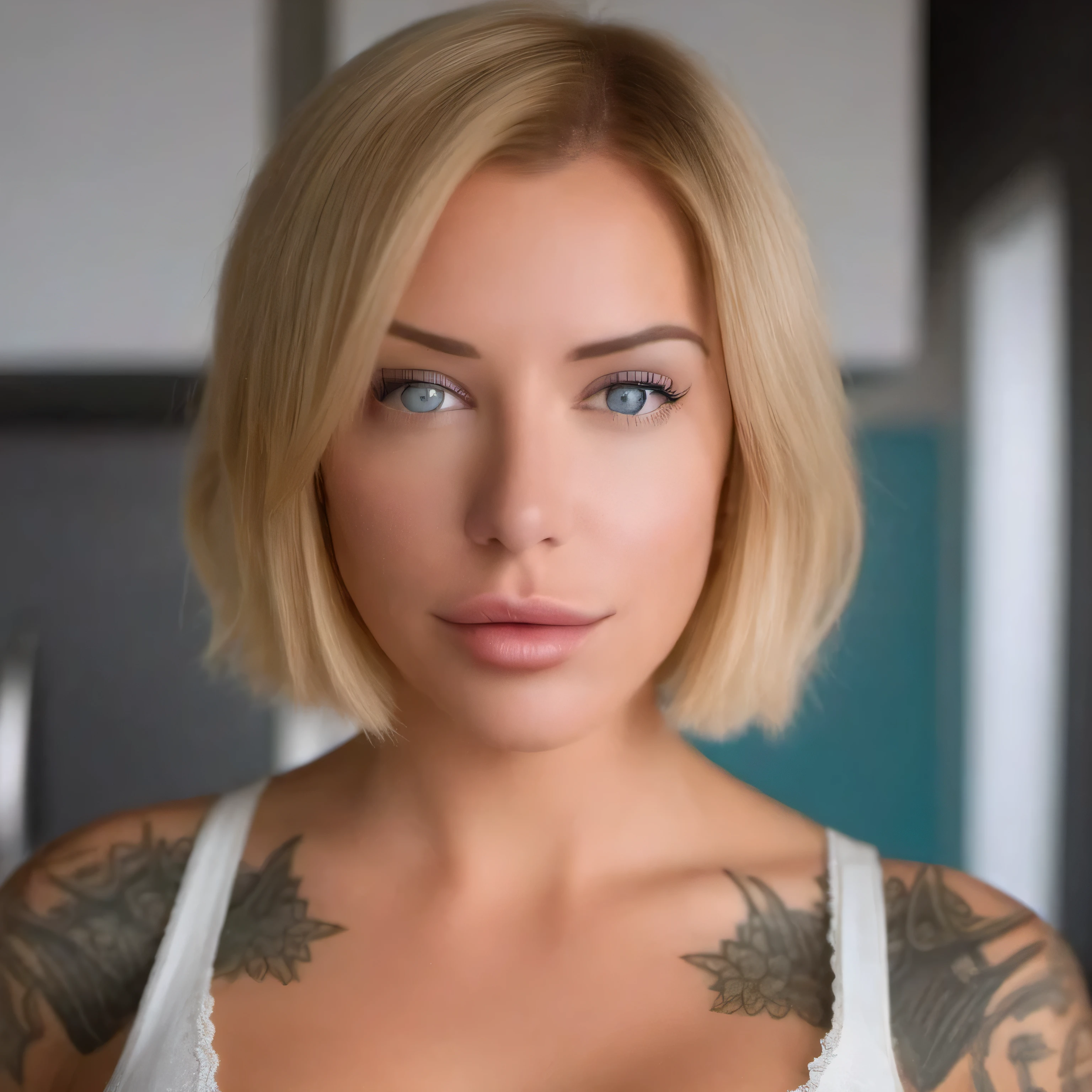 In a kitchen, a beautiful young woman named Laurence bedard stood with blue eyes and short hair. She was dressed in a dress. The scene was captured in hd full-body style. They had an air of confidence and charm.