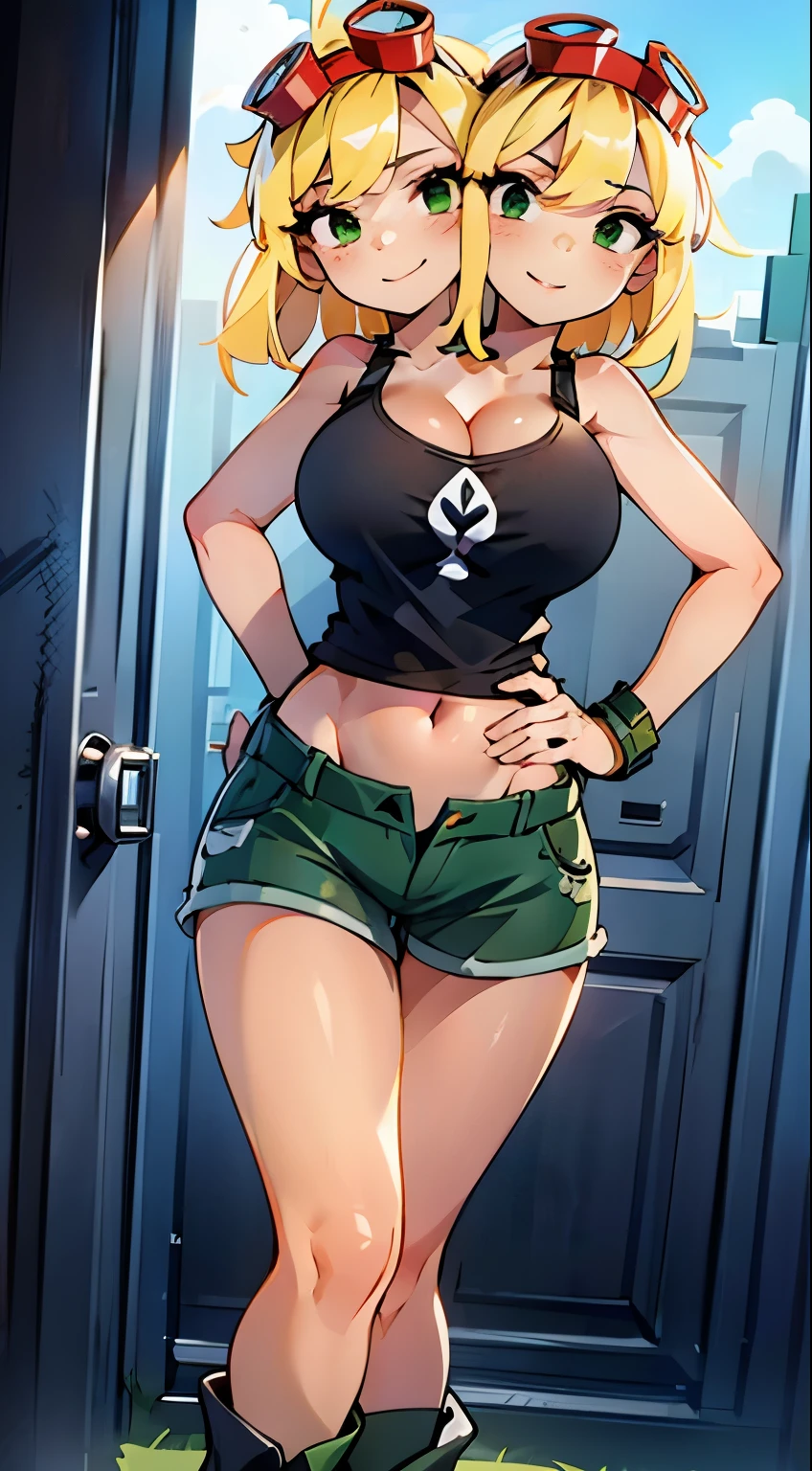 best quality, (masterpiece),(ultra-detailed), (high quality), (high resolution), ((2heads:1.5)), best quality:1.5, highres, UHD, 16K), smiling, highres, masterpiece, (blonde hair), (cleavage), (black short tank top), medium long hair, ((green denim shorts)), lustrous and smooth skin, (mature woman), (black eyes), (cute face), ((exposed midriff)), seductive silhouette, ((slim hips)), casual dress, sexy proportions, young girl with accentuated slender abs, long legs, seductive woman, lustrous woman, (large breasts), ((detailed eyes)), boots