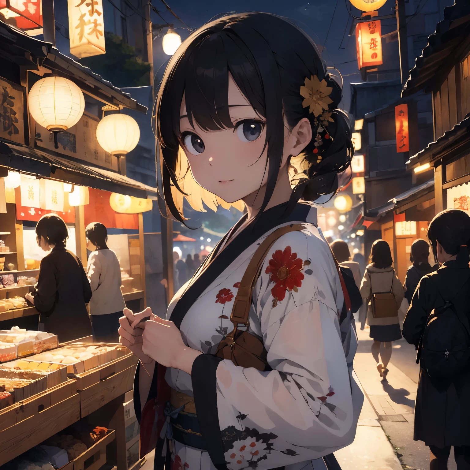 masterpiece、ultra-detailliert、intricate detailes、Realistic texture、Unevenness of the human body、realistic in every detail、top-quality、Surrealist works、1 Women traditional japanese clothing, are detailed and realistic, Japanese night market, firework, figure Children cycling、Beautiful contrast between light and shadow