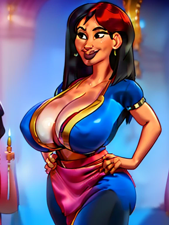 Mulheres, Mulher 15 anos, muscular, tight bikini, seios gigantes, seios enormes, Option Proportions, cabelo preto comprido, olhos pretos, Cintura fina, quadris grandes e curvados, bunda enorme, sorridente, bold lips, batom vermelho, lesbian full body, hands on hips, Pose sexy no banheiro, Estilo anime retro, 80's anime, 80's retro anime, Bright colors and solid tones