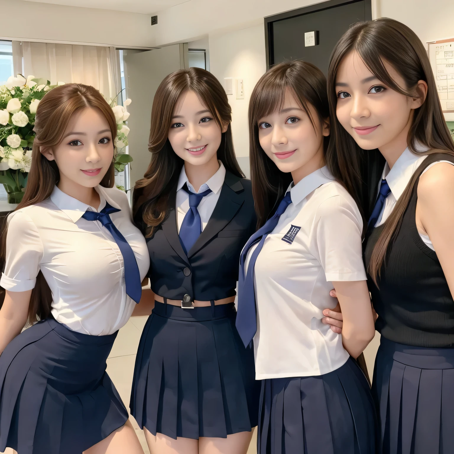 Group photo, Group photo, Some very beautiful women, Highly detailed eyes, Highly detailed face,  Sexy and highly detailed lips, Super detailed everything, Attractive woman, Black choker, Blue Eyes, very long eyelashes, bangs, big breasts, ((smile)), highest quality, masterpiece, ((Slim face)), Japanese actress, Servant, High nose, ((School uniform)), A happy atmosphere, Fun smile, Shooting from below, mini skirt