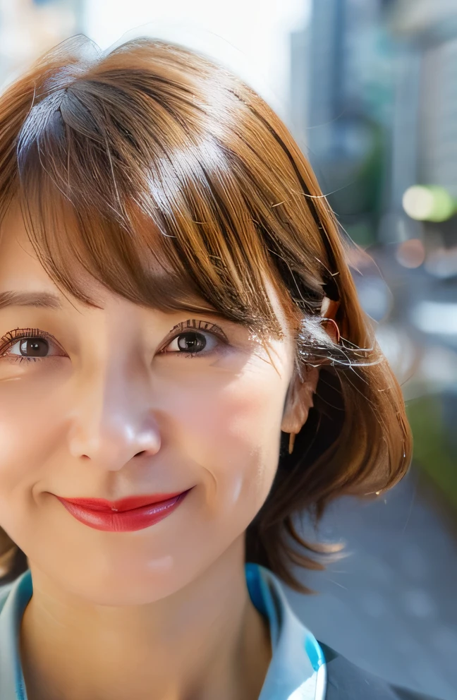 Riding a bicycle　45 years old Japanese woman with semi-long brown hair　whole body　 Has a slightly plump figure　　Pedalling a bicycle　The background is the city during the day　Upper Body　Personal　woman　45 years old　semi-long、((brown hair)、semi-long　beautiful hair shiny hair　Japan( sharpen ), (Purelos Face_v1:0.7), (8K, highest quality), unconscious, Open Eyes,High resolution, original, (Flat Color:0.9),(Colorful:1.1),(masterpiece:1,2), highest quality, masterpiece, High resolution, original, Viewer Perspective, alone, Portrait, Mature Woman Body Set, A slight smile,Natural wrinkles, Wrinkles around the eyes, Surreal, Natural Skin, Natural Hair Color, Bright red lips　whole body像　