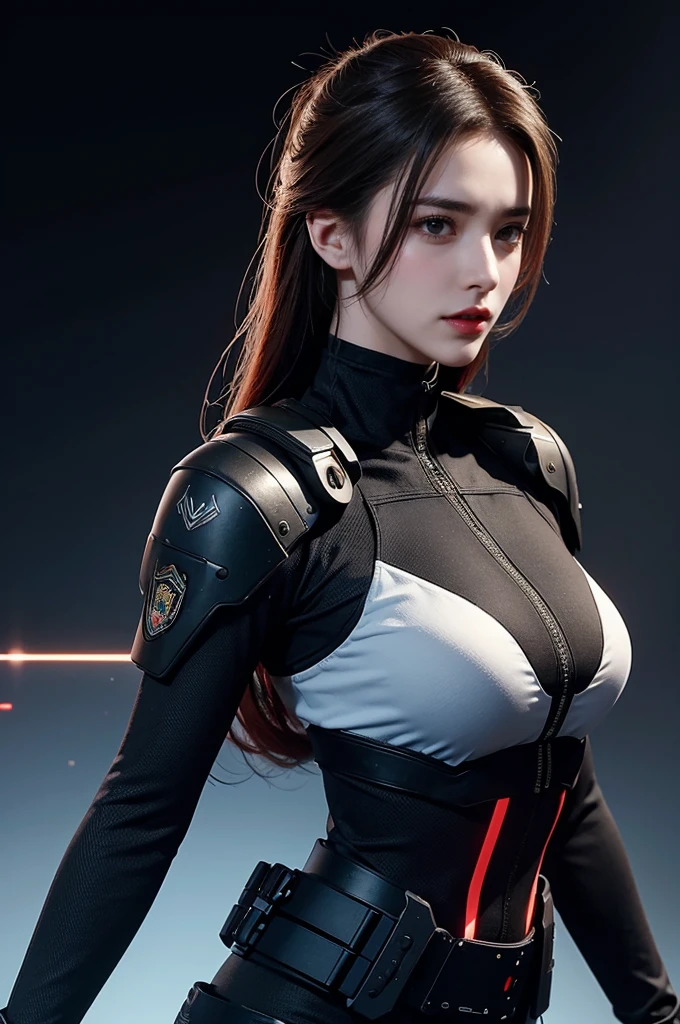 masterpiece,best quality,high resolution,8k,(Sportswear),((Head close-up)),(original photo),real picture,Digital Photography,(A female officer who combines modern style with cyberpunk:1.2),(Female police officers),20-year-old girl,Feel free to hairstyle,Red eye circles and red gradient hair),Serious and persistent,cleveage, Accessories,Red lips,shut your mouth,frown,Elegant and charming,Serious and arrogant,Calm and handsome,(Modern Cyberpunk Uniform),combat badge,Scapula,Show your belly button,glowing electronic components,red halo,Photo poses,Realistic style,Light Magic,Gray World Background,oc render reflection texture