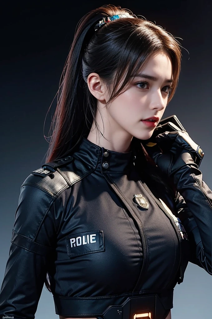 masterpiece，best quality，high resolution，8k，(Sportswear)，((Head close-up))，(original photo)，real picture，Digital Photography，(A female officer who combines modern style with cyberpunk:1.2)，(Female police officers)，20-year-old girl，Feel free to hairstyle，Red eye circles and red gradient hair)，Serious and persistent，cleveage， Accessories，Red lips，shut your mouth，frown，Elegant and charming，Serious and arrogant，Calm and handsome，(Modern Cyberpunk Uniform)，combat badge，Scapula，Show your belly button，glowing electronic components，red halo，Photo poses，Realistic style，Light Magic，Gray World Background，oc render reflection texture