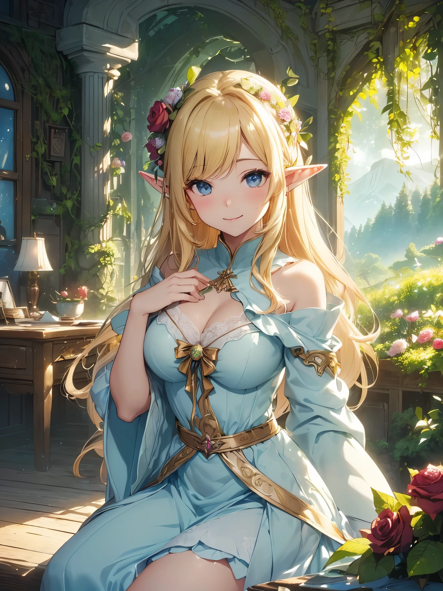 最high quality、Best image quality、masterpiece、Beautiful Face、、Titania、Resting on a bench、Super beautiful elf girl((22 year old office lady big bust、Bust 90,Beautiful long ironed hair、blonde、height: 165cm。thin、Beautiful dress、cowboy shot,、Esbian、spring、青いnull、high quality、美しいart、lunch、tea、cooking、fruit、ビジュアルart、Depth of written border、、Elf Ears、、Lightのmagic、universe、Happy smile、穏やかなLight、Beautiful Forest、、、elegant、ticker beautiful decorative、、、mystery的な Rosa、Rose、、Light、 null、art、Lord of the Ring、Spectacular scenery、sexy、A friendly smile、wonderful、flower畑、nature、universeのmagic、magicのLight、Fantasy、flower、super REALITYa lotのRose、magic、Grow Fantasy、、mysteryのLight、Art Nouveau、Alphonse a lot、、art、art,mystery,UHD,magicalgentle light,sexy