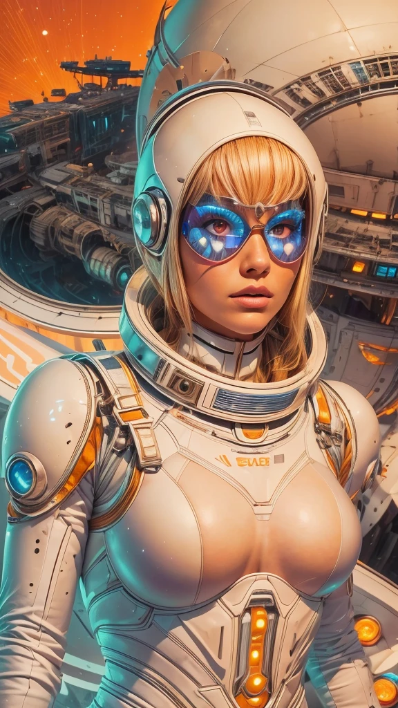arafed image of a white woman in a futuristic suit with a spaceship in the background, movie art, in front of an orange background, inspired by Robert McGinnis, female protagonist, megastructure in the background, portrait of an ai astronaut, astronauts, an astronaut, portrait of a astronaut skeletor, perfect android girl, detailed eyes, perfectly detailed teeth, frank franzzeta and sakimichan