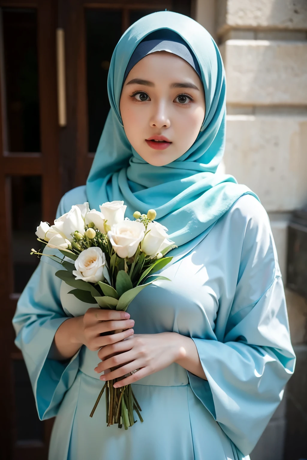 1 malay girl , modern plain hijab, shy, medium portrait shot , watery eyes ,lip watery, lip glossy, open mounth, ((big breast)), a beautiful girl with hijab, in vintage colors aodai , masterpiece, best quality, realistic:1.3, street, holding bundle of flowers, sunlight, backlighting, artstation, intricate details, vignett, prpsonal body,