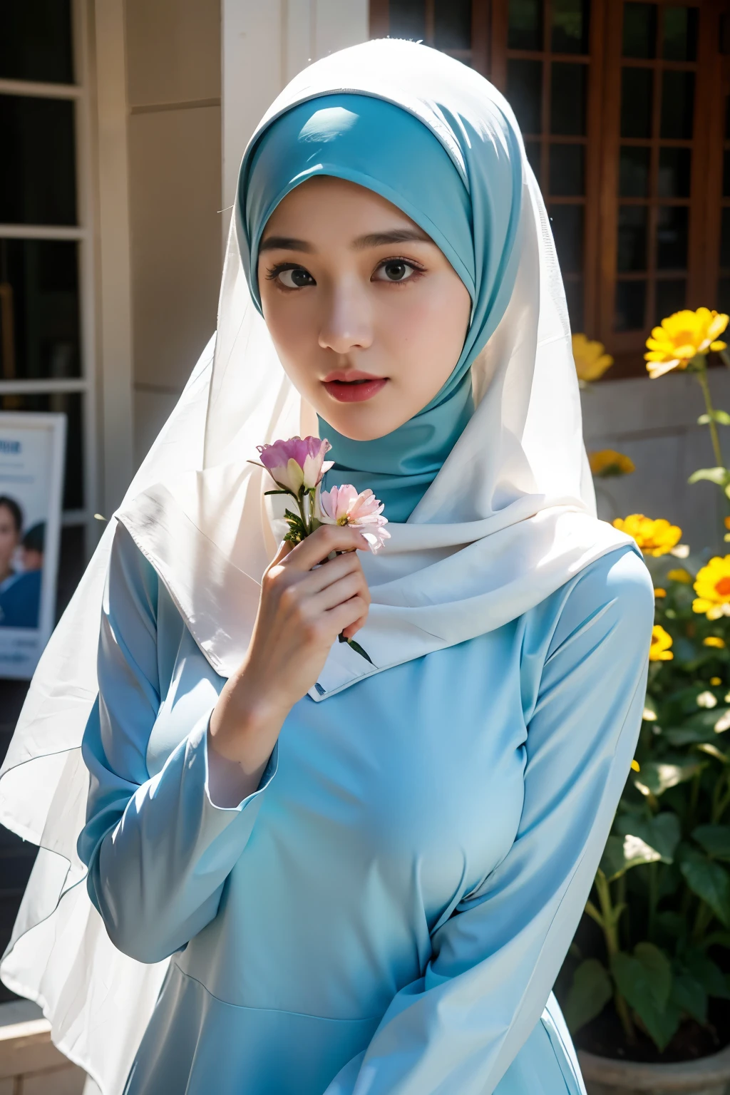 1 malay girl , modern plain hijab, shy, medium portrait shot , watery eyes ,lip watery, lip glossy, open mounth, ((big breast)), a beautiful girl with hijap, in vintage colors aodai , masterpiece, best quality, realistic:1.3, street, holding bundle of flowers, sunlight, backlighting, artstation, intricate details, vignett, prpsonal body,