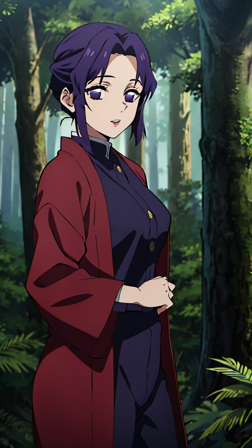 (Top quality, 8K, high resolution, Masterpiece: 1.2), Anime art style, Shinobu Kocho, 1 girl, perfect face, perfect eyes, soft expression, medium breasts, purple hair, neatly parted bangs, Natural lips, medium hair, straight hair, purple eyes, ((Ninja clothes, ninja costume, in the forest, cowboy shot,)), viewer appreciation,