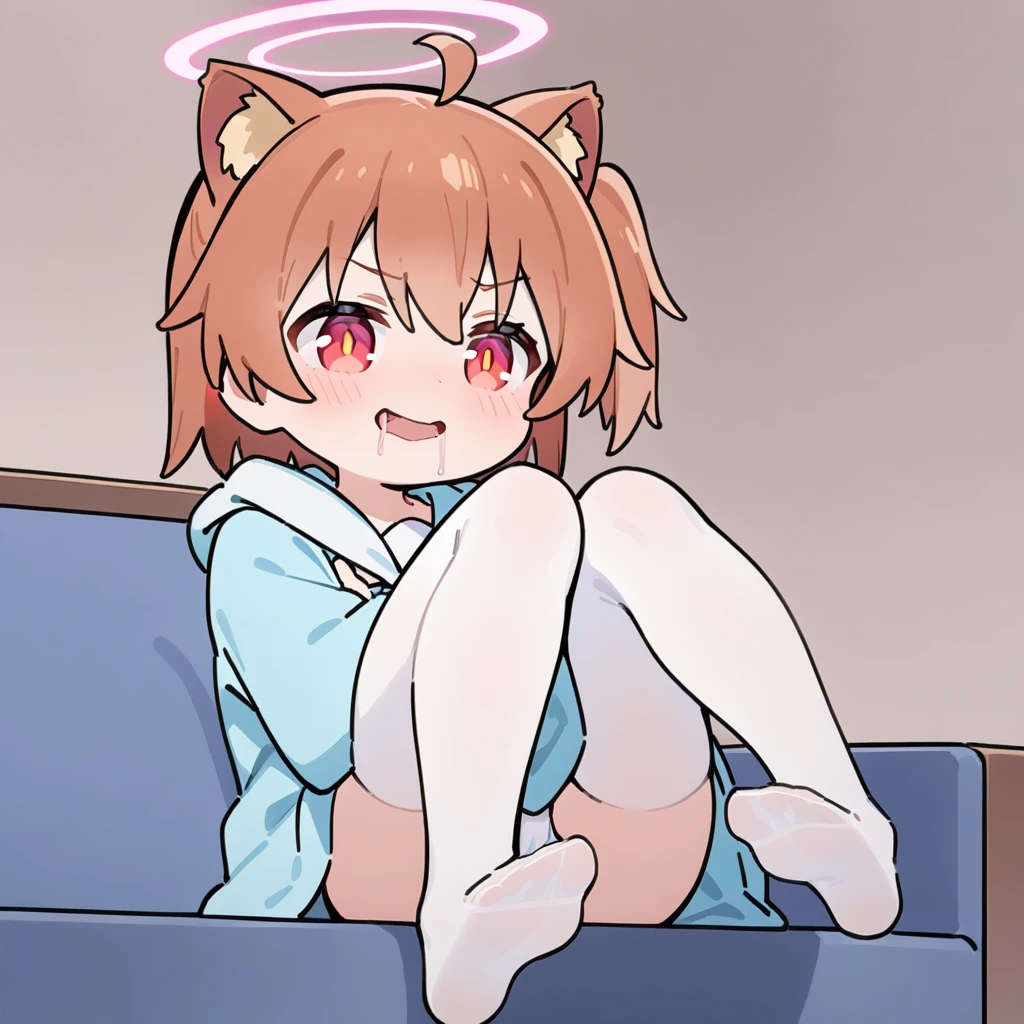 (masterpiece:1.2,high quality),8K,High resolution,An eleven-year-old girl,cute girl,Hinata Hoshino,(cat ears),halo,Reddish-brown hair,short hair,light red eyes,Unilateral side ponytail ahoge,evil smile,saliva,Sitting on the sofa,Wearing a bathrobe,white panties:1.6,primary school student,thigh,alone,white stockings