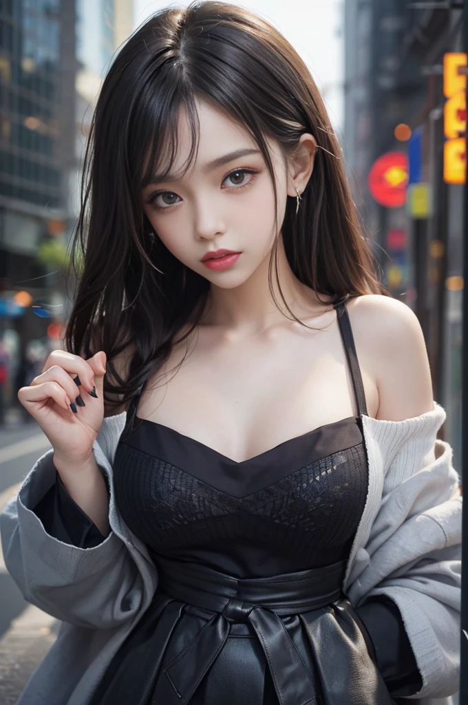 4k-ultra sharp、highest quality, masterpiece, ultra high resolution, (reality: 1.4),  1 girl, purple eyes, Off-the-shoulder sweater dresses, cinematic lighting、purple and black hair、(mine girl、goth makeup、mine makeup)、(Pierced ears、big breasts、Oversized black T-shirt with open shoulders、dark mini skirt)、((dark makeup、oil skin,sparkling skin、realistic skin texture、detailed beautiful skin、shiny skin)), dark downtown area at night、kabukicho、Dark Cyberpunk、(full shot:1.8)、thin legs、thin arms、thin shoulders、thin waist、slender body、big breasts、whole body