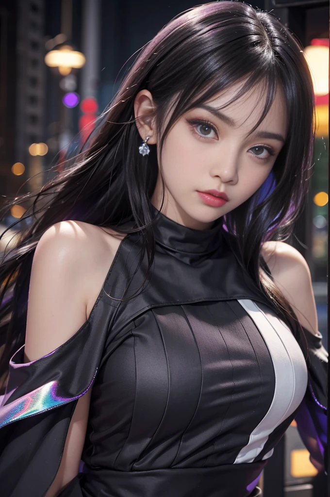 4k-ultra sharp、highest quality, masterpiece, ultra high resolution, (reality: 1.4),  1 girl, purple eyes, Off-the-shoulder sweater dresses, cinematic lighting、purple and black hair、(mine girl、goth makeup、mine makeup)、(Pierced ears、big breasts、Oversized black T-shirt with open shoulders、dark mini skirt)、((dark makeup、oil skin,sparkling skin、realistic skin texture、detailed beautiful skin、shiny skin)), dark downtown area at night、kabukicho、Dark Cyberpunk、(full shot:1.8)、thin legs、thin arms、thin shoulders、thin waist、slender body、big breasts、whole body