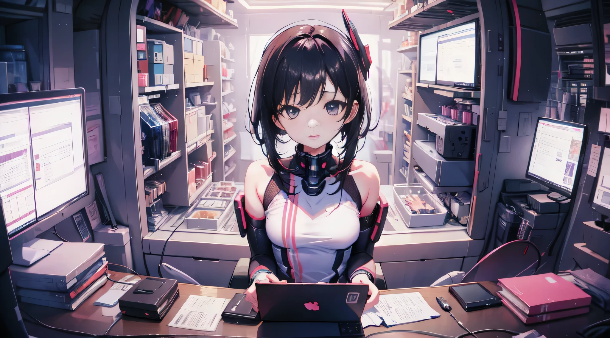 1girl, facing computer, looking at computer screen, back, addicted to games, dementia, cyberpunk top, cyberpunk pants, cyberpunk background