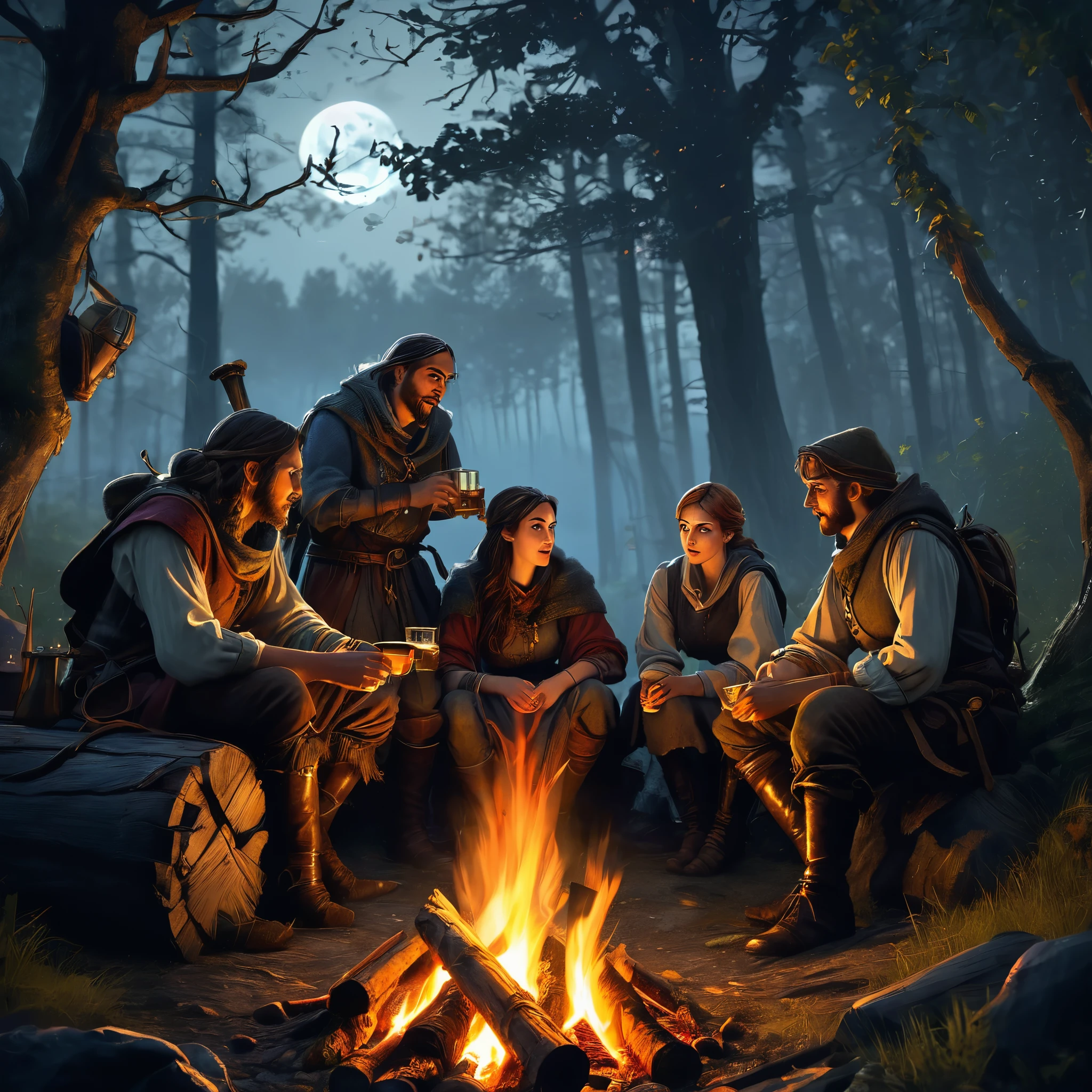 (a group of fantasy adventurers sitting close to a campfire,drinking mead and telling tall tales),(fantasy,adventurer,group:1.1),(campfire:1.1,fire),(mead,drinking:1.1),(telling tall tales:1.1),(haunted woods,woods,forest),(gleaming eyes:1.1,watching hungrily,hungry eyes,eyes in the darkness:1.2),(fantasy creatures,creatures,monsters),(darkness:1.1,eerie),(mysterious atmosphere:1.1),(mysterious sounds,sounds),(flickering firelight:1.1),(distant howls),(mystical:1.1,enchanted),(medieval setting:1.1),(moonlit),(adventure:1.1,exciting),(magic:1.1),unpredictable), (fantastical:1.1),(mystic:1.1)