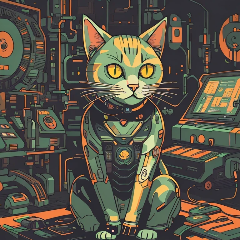 （Profile portrait）There is a black cat wearing headphones sitting on the turntable, CyberpunkCat, MachineCat, Just a joke, Tom Whalen (Tom Whalen) of inspiration, Lofi Art, Cat, Tom Whalen 8K, Digital illustration style, Retro illustration, Illustration of a Cat, NetworkCat, Lofi portrait, Cat, Cat Design, Inside the Robot Cat&#39;s Head（（（1Cat）））There is a Cat sitting in a suitcase, commend art, MachineCat, Tom Whalen (Tom Whalen) of inspiration, Cat Design, commend portrait, Cat, NetworkCat, Just a joke, Tom Whalen 8K, commend, commend vibe, CyberpunkCat, commend technology, Illustration of a Cat, commend artstyle, commend album art，there is a cat that is sitting on a machine, robot cat, cat robot, robotic cat, industrial robotic cats, cyborg cat, a cyborg cat, fully robotic!! cat, robot portrait, portrait of a robot, cybercat, inside a mechanical cat's head, portrait of a cyberpunk machine, robot animal, inspired by Tom Whalen, cyberpunk cat, cyborg kitten