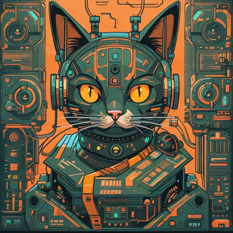 （Profile portrait）There is a black cat wearing headphones sitting on the turntable, CyberpunkCat, MachineCat, Just a joke, Tom Whalen (Tom Whalen) of inspiration, Lofi Art, Cat, Tom Whalen 8K, Digital illustration style, Retro illustration, Illustration of a Cat, NetworkCat, Lofi portrait, Cat, Cat Design, Inside the Robot Cat&#39;s Head（（（1Cat）））There is a Cat sitting in a suitcase, commend art, MachineCat, Tom Whalen (Tom Whalen) of inspiration, Cat Design, commend portrait, Cat, NetworkCat, Just a joke, Tom Whalen 8K, commend, commend vibe, CyberpunkCat, commend technology, Illustration of a Cat, commend artstyle, commend album art，there is a cat that is sitting on a machine, robot cat, cat robot, robotic cat, industrial robotic cats, cyborg cat, a cyborg cat, fully robotic!! cat, robot portrait, portrait of a robot, cybercat, inside a mechanical cat's head, portrait of a cyberpunk machine, robot animal, inspired by Tom Whalen, cyberpunk cat, cyborg kitten