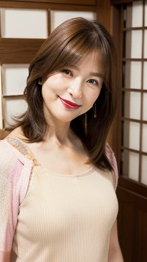 top-quality, ​masterpiece, hight resolution, Photorealsitic, profetional lighting, ighly detailed, depth of fields, ((A beautiful mature woman)), ((20yr old)), Female sexy, ‎Classroom, ((Sweaters, skirt by the)), Detailed face, beautidful eyes, bangss, large breasts of good shape, Light Brown Straight Hair, Faint lips, ((stand facing forward、stare at the viewer, Serious face)), cowboy  shot, sharp,