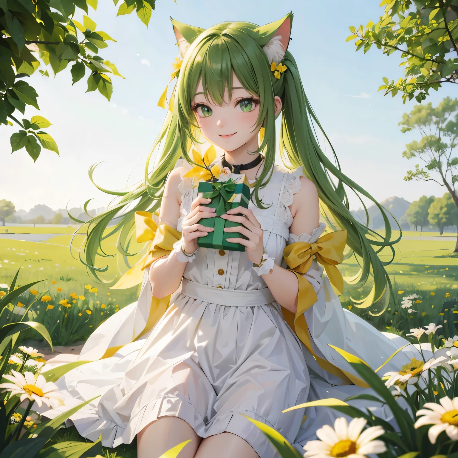 A cat wearing a bright yellow-green ribbon、Hair light yellow green、yellow-green eyes、white clothes、smile、Closed eyes that laughed、Have a gift、Appearance of being happy and cheerful、grass、garden
