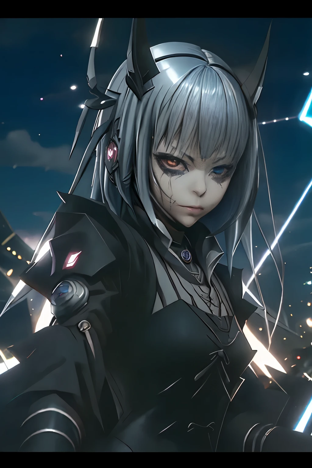 (best quality,highres:1.2), detailed fantasy art, serious expression, robot-like eyes, fighting stance, luminous valentine, tensei shitara slime datta ken, el cabello es plateado, postura de lucha, cuerpo completo, red lens flare, It&#39;s night and there is black lightning in the sky, she is wearing a black gothic dress