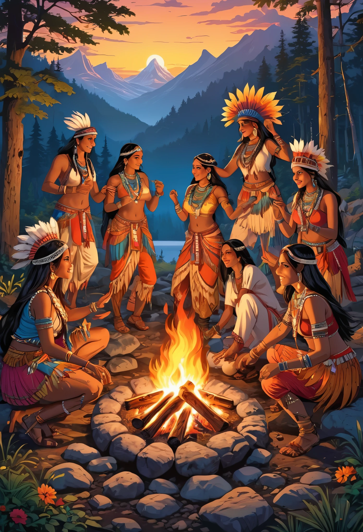Indians making a campfire,Bonfire celebration,Dancing Indians,Indian costume:detailed,colorful,colorfulな呪文を唱える,Wide range of colors,複雑なdetailed,rendering,Zentangle Elements,mysterious,fun,Good Old America,masterpiece,最高masterpiece,highest quality,Beautiful light and shadow,