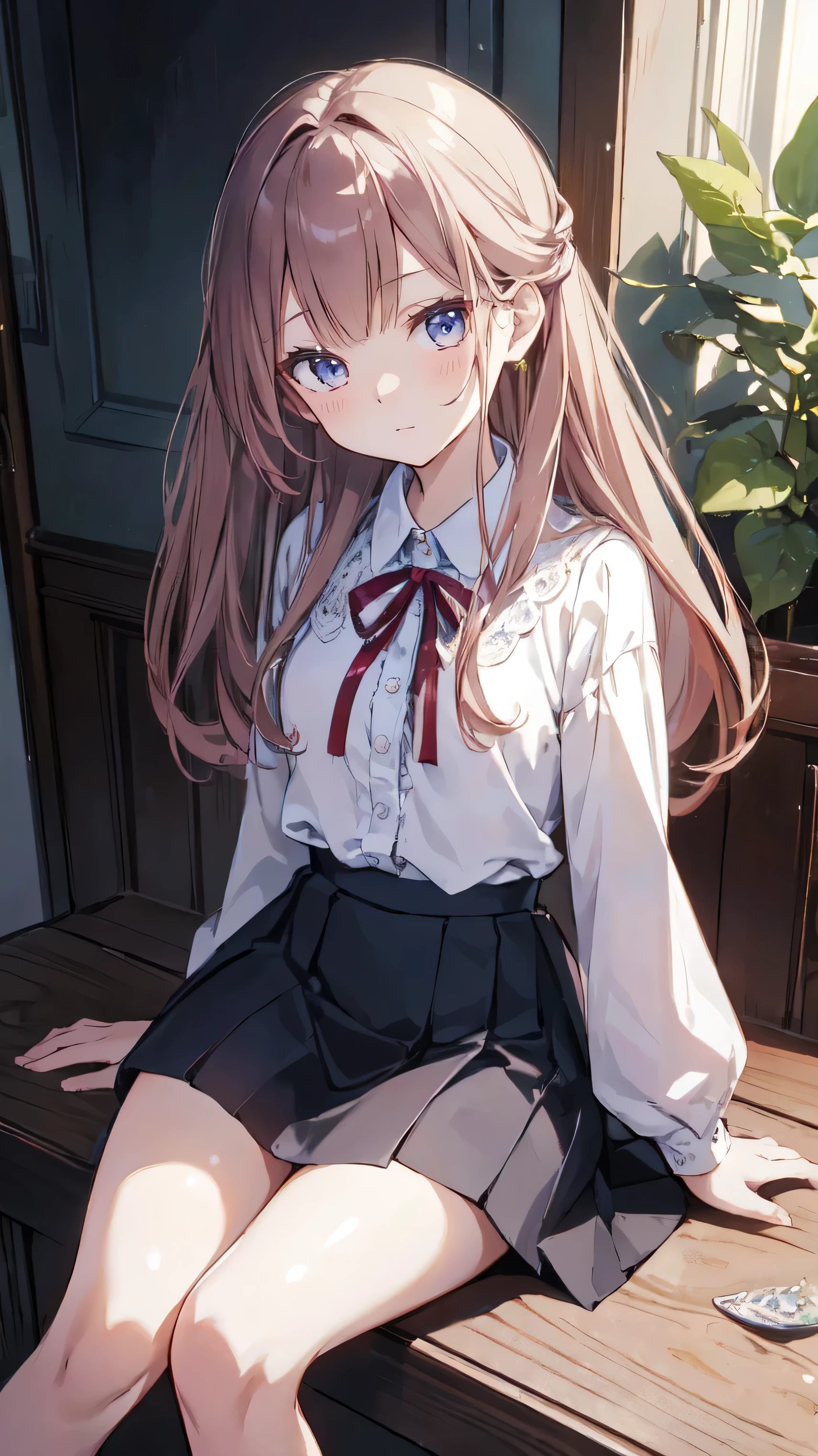 Masterpiece、Highest quality、highest quality、(((Girl)))、 ((Decent face))、Shiny hair quality、Small face、Sitting、Super detailed, beautiful, wide eyes、Ultra-detailed, clear and beautiful faces、(cute illustration:1.2), High-resolution, ultra-detailed, best quality, embarrassed、skirt、(Thighs)