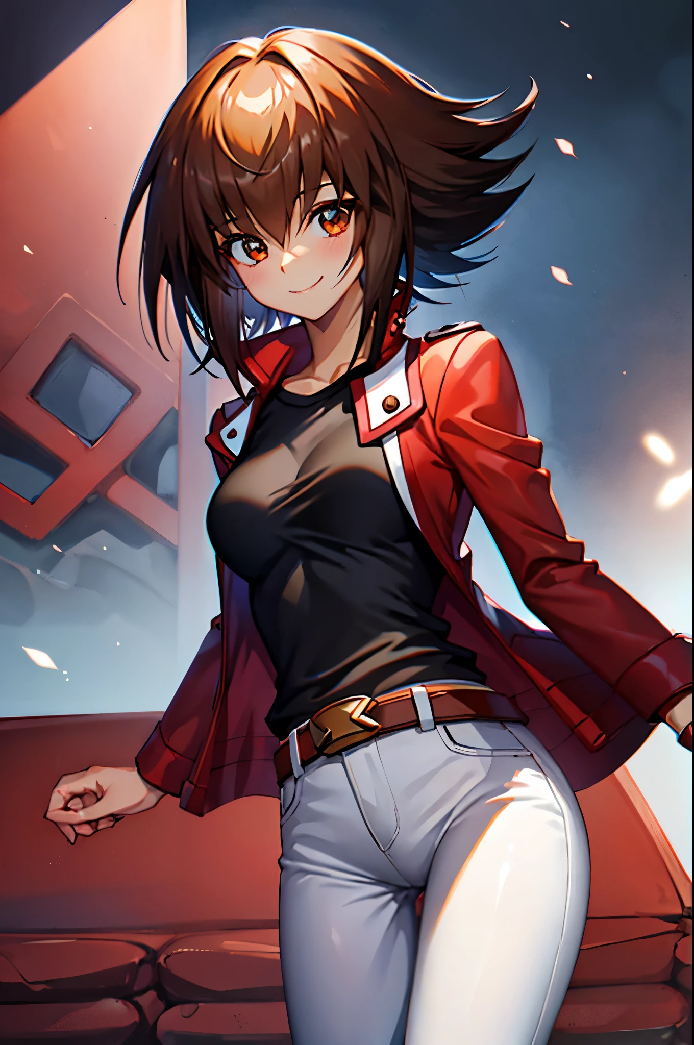 Yuuki Judai, 1girl,(female:1.5), Brown hair, Solo, Red jacket, Bangs, Black shirt, Open jacket, hair between eye, Smile, White pants, red footwear,Duel Academy Uniforms (Yu-Gi-Oh! nffsw),
(Close Shot, Best Quality, hight resolution, 4K, Detailed Lighting, Shaders), 
Smile,
Looking at Viewer, Cowboy Shot,
handshake,