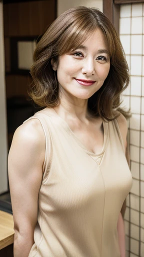 Wearing a beige top　Photograph the whole body from head to toe　45 years old Japanese woman with semi-long brown hair　whole body　 Has a slightly plump figure　　Personal　woman　45 years old　short hair、((brown hair)、short hair　beautiful hair shiny hair　Japan( sharpen ),,(The background is a typical Japanese kitchen.)　(Purelos Face_v1:0.7), (8K, highest quality), unconscious, Open Eyes,High resolution, original, (Flat Color:0.9),(Colorful:1.1),(masterpiece:1,2), highest quality, masterpiece, High resolution, original, Viewer Perspective, alone, Portrait, Mature Woman Body Set, A slight smile,Natural wrinkles, Wrinkles around the eyes, Surreal, Natural Skin, Natural Hair Color, Bright red lips　whole body像