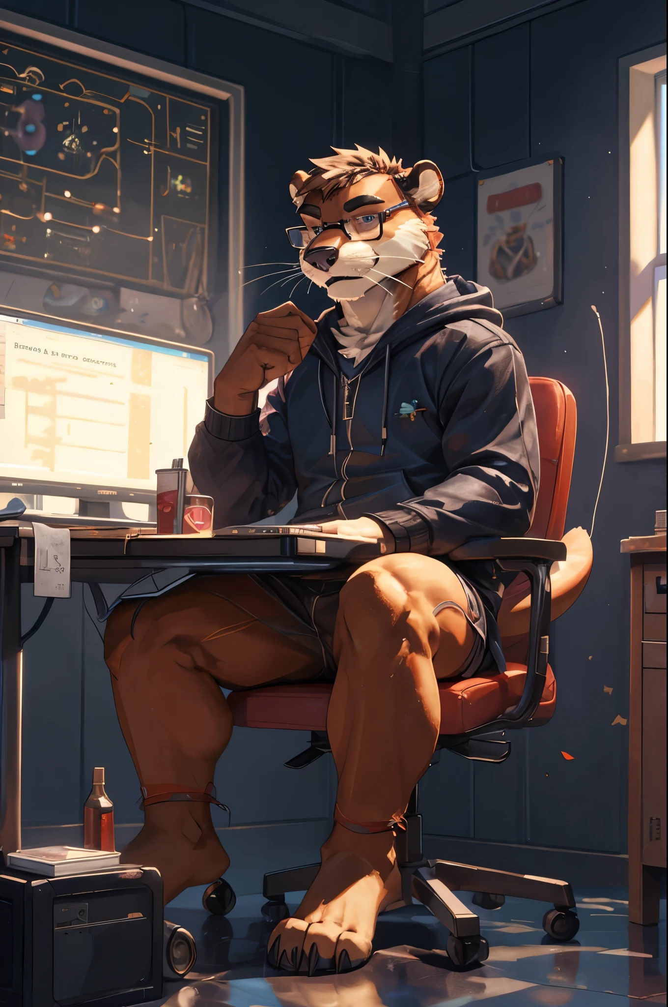 (((Barefoot furry character, full body, cinematic setting, furry male, plantigrade))) computer class scene with a tech-savvy otter ((teacher)) wearing a hoodie and glasses, sitting at a computer desk surrounded by monitors and circuit boards. This otter represents the evil embodiment of ICT as a school subject, depicting stereotypes and prejudices towards ICT teachers. BREAK, detailed background, 8K, (masterpiece:1.5), intricate details, highly detailed, extreme detail, octane render, fine art, best quality, highres, (detailed face:1.5), ((full_body)), UHD, (((perfect hands))), low light