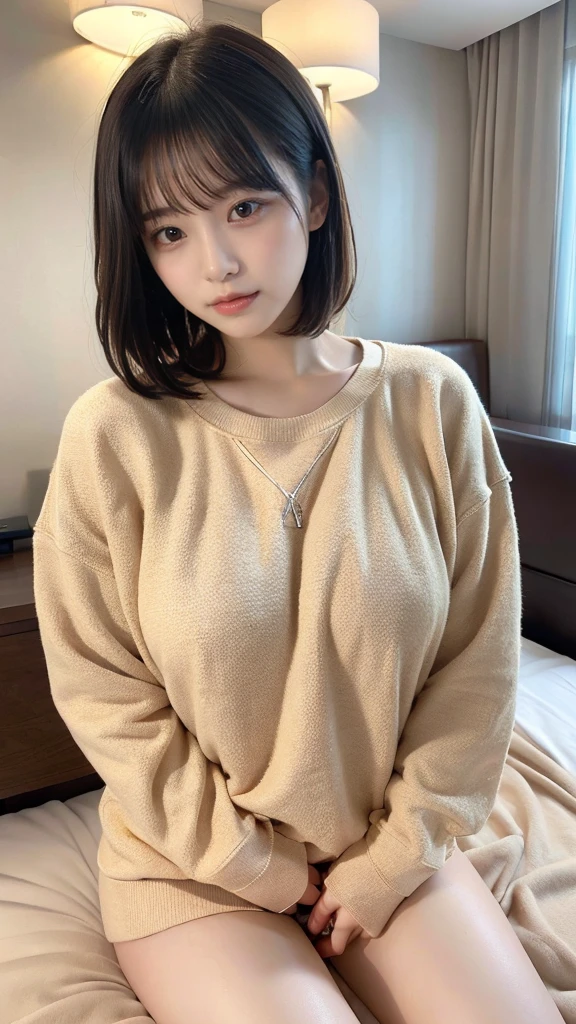 muste piece, best quality, illustration, Super detailed, fine details, High resolution, 8K,wall paper, perfect dynamic composition,(Details High quality, realistic depiction of eyes:1.3), (Fashionable、Beige oversized sweatshirt、long-sleeve), large breasts, Lying down, short bob hair, black hair color, Big Natural Color Lip, bold sexy pose, crying a little、cold gaze, Harajuku style、20 year old girl、cute type、lolita、beautiful legs, hotel room, hposing Gravure Idol, Voluptuous thighs