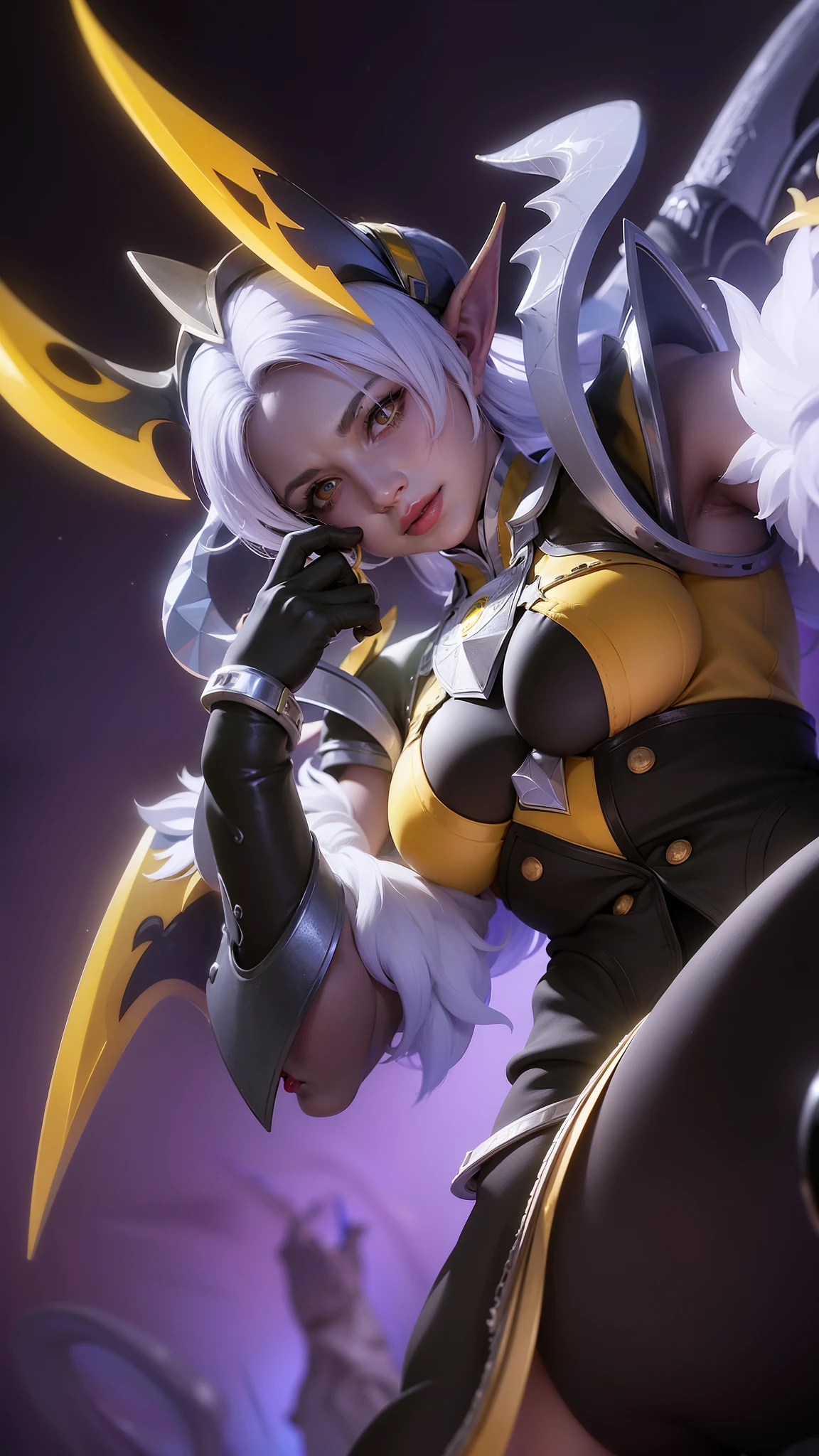 (female:1.2), 8k, ultra hd, ultra detailed texture, hyper realistic, masterpiece, detailed texture, detailed face, detailed skin, detailed lighting, (photorealistic:1.5), best quality, beautiful lighting, cinematic lighting, professional lighting, ultra highres, realistic, detailed hair, real hair, high quality, (realskin:1.5), extremely detailed, finely detail, ultra-detailed, 1girl, solo, elf, pointy ears, standing, demon horns, forehead protector, (yellow eyes:1.5), v-shapped eyebrow, lips, red lips, evil smile, nose, make up, pretty, beautiful, long hair, white hair, high ponytail, large breasts, cleavage, armpit, navel, stomach, black armor, pauldrons, bare shoulders, shoulder armor, thigh high, sleevless, detached sleeves, breastplate, gauntlets, karina \(mobile legends\), depth of field, looking aways, white skin, skin tight, amazing pose, outdoors, glowing, dark view, elf ears.
