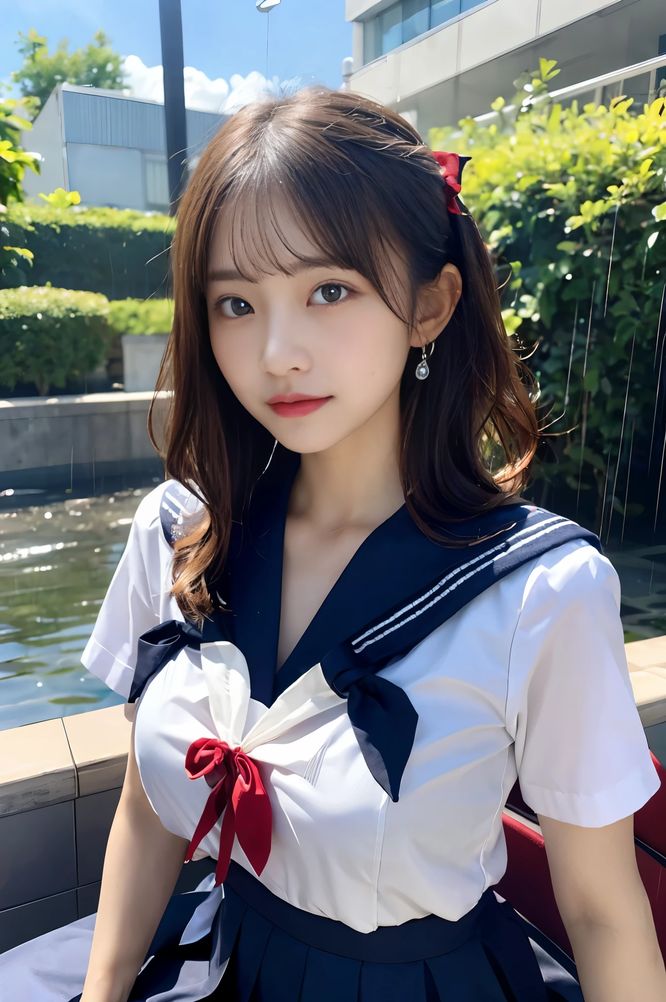 (masterpiece, highest quality:1.2), 8k, Official Art, RAW Photos, Unbelievably absurd, (whole body, Sailor suit:1.4), beautiful girl, 18-year-old、Cute face, Arched back, navy pleated skirt, close, , Short sleeve, Gardenia, Viola Lace, Pool、Sit on a chair、Looking at the audience, Film Grain, chromatic aberration, Sharp focus, Face Light, Dynamic Lighting, Cinema Lighting, Detailed eyes and face, Background blur, (1 dark red bow tie:1.2)、(heavy rain、Dark Sky:1.5)、One Girl、blush、View your viewers、(Huge breasts:1.2)、Wet Hair、Shiny Hair、Wet Face、Wet Skin、Wet body、Wet costume、flower、hairpin、necklace、Earrings、Depth of written border、尖ったRed Mouth、Red Mouth,clavicle、Beautiful fingers、Please loosen your tie、cute Wet Face、Wet clothes that stick to your chest、Wet, see-through clothes、Short Hairstyles、View from below