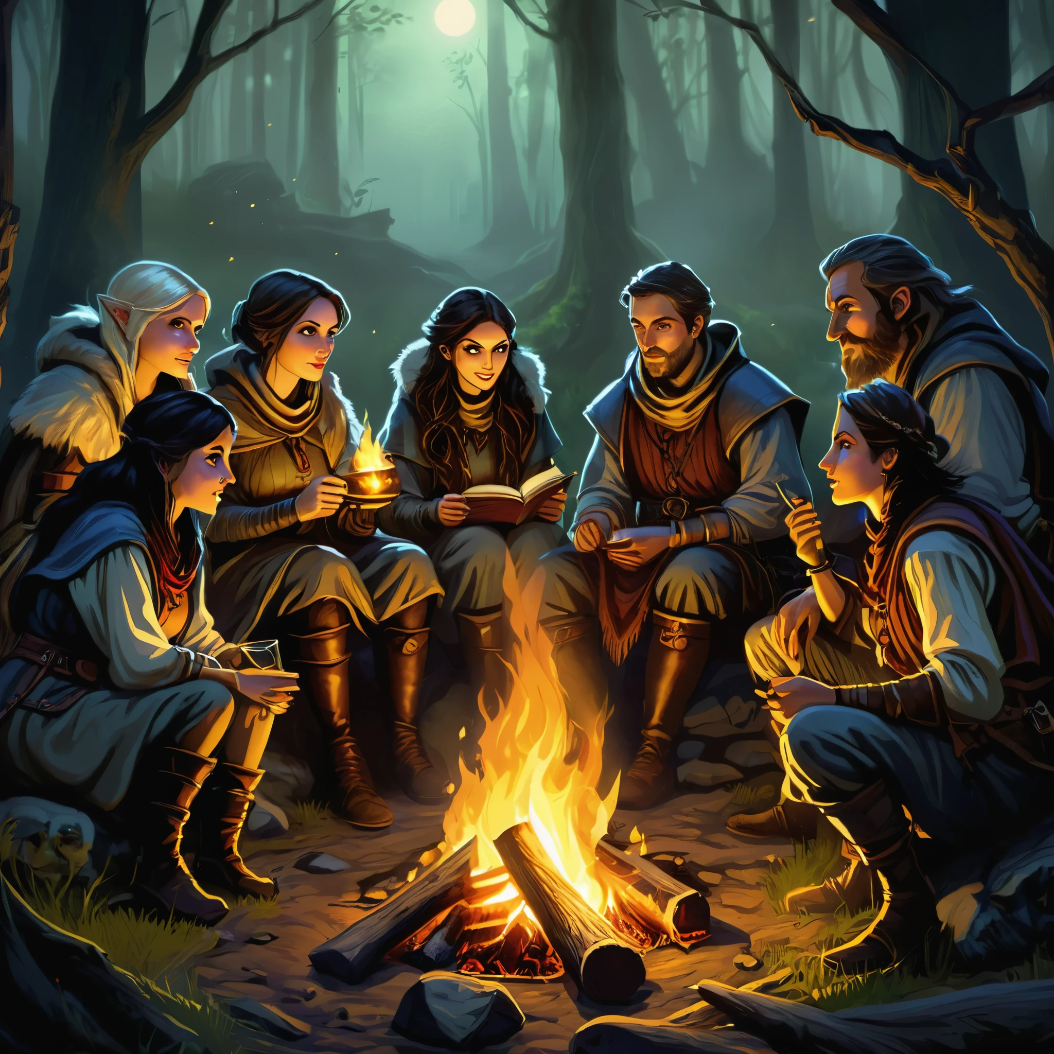 (a group of fantasy adventurers sitting close to a campfire,drinking mead and telling tall tales),(fantasy,adventurer,group:1.1),(campfire:1.1,fire),(mead,drinking:1.1),(telling tall tales:1.1),(haunted woods,woods,forest),(gleaming eyes:1.1,watching hungrily,hungry eyes,eyes in the darkness:1.2),(fantasy creatures,creatures,monsters),(darkness:1.1,eerie),(mysterious atmosphere:1.1),(mysterious sounds,sounds),(flickering firelight:1.1),(distant howls),(mystical:1.1,enchanted),(medieval setting:1.1),(moonlit),(adventure:1.1,exciting),(magic:1.1),unpredictable), (fantastical:1.1),(mystic:1.1)