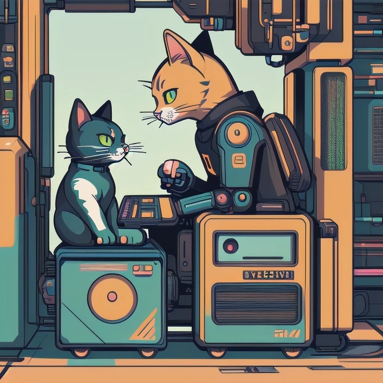 (Profile portrait)There is a black cat wearing headphones sitting on the turntable, CyberpunkCat, MachineCat, Just a joke, Tom Whalen (Tom Whalen) of inspiration, Lofi Art, Cat, Tom Whalen 8K, Digital illustration style, Retro illustration, Illustration of a Cat, NetworkCat, Lofi portrait, Cat, Cat Design, Inside the Robot Cat's Head(((1Cat)))There is a Cat sitting in a suitcase, commend art, MachineCat, Tom Whalen (Tom Whalen) of inspiration, Cat Design, commend portrait, Cat, NetworkCat, Just a joke, Tom Whalen 8K, commend, commend vibe, CyberpunkCat, commend technology, Illustration of a Cat, commend artstyle, commend album art,there is a cat that is sitting on a machine, robot cat, cat robot, robotic cat, industrial robotic cats, cyborg cat, a cyborg cat, fully robotic!! cat, robot portrait, portrait of a robot, cybercat, inside a mechanical cat's head, portrait of a cyberpunk machine, robot animal, inspired by Tom Whalen, cyberpunk cat, cyborg kitten