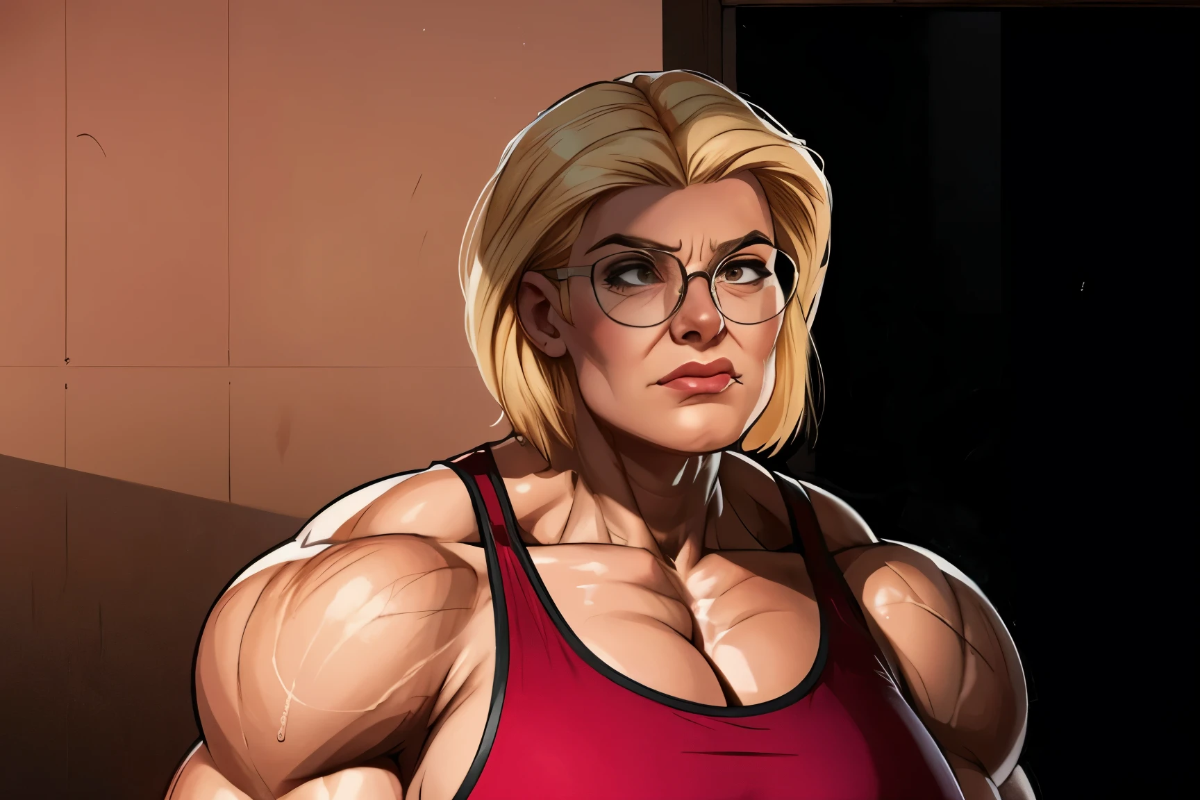 mature muscle woman with blond hair wearing glasses and red tank top flexing massive muscles, muscle woman, huge muscles, muscle girl, biceps, pecs, mature woman