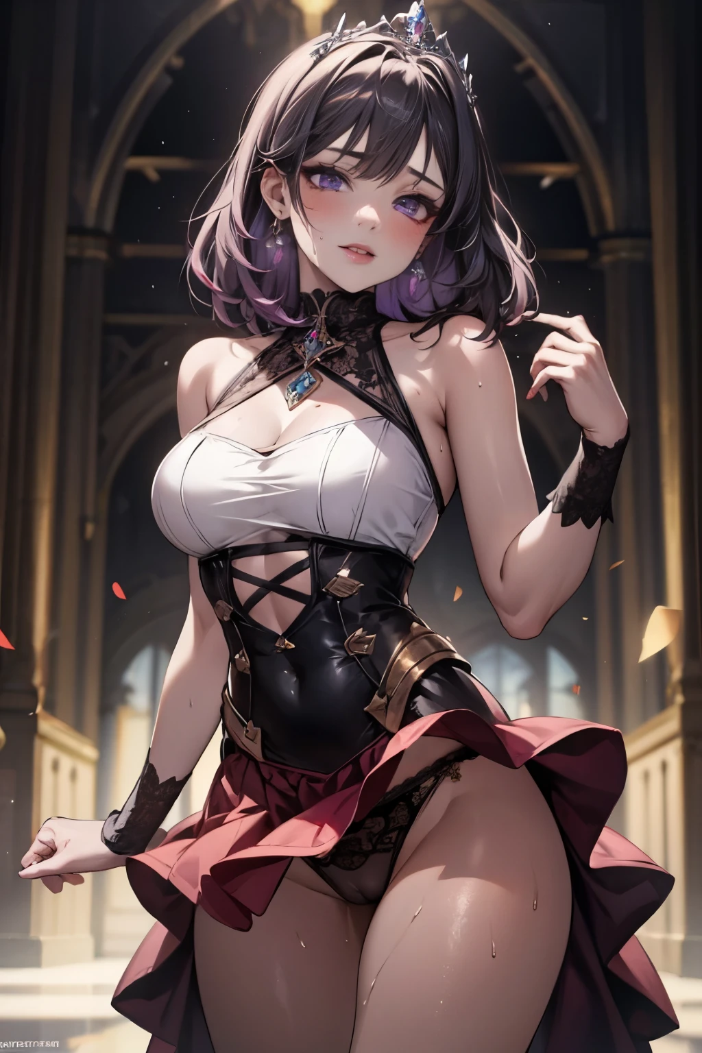 (Best quality, 8K, Masterpiece:1.3, 1 girl, solo, Beautiful girl), cute, Dynamism, Detailed face, Detailed skin, detailed clothes, Detailed eyes, Detailed lips, Detailed tongue, Detailed fingers, Detailed mouth, Photorealistic, Raw photo, highres, hight resolution, Natural lighting, perfect anatomy, toned legs, double eyelids, tear bags, round eyes, moist lips, sweaty, ecstatic face, (purple eyes:1.2), split-color hair, white dress, princess, blush, dance party, dance hall, floating, spot lighting, jewelry, jeweled clothes, tiara, skirt lift, sexy panties, camel toe, lace, looking at viewer, (paizuri invitation), masturbation, nsfw