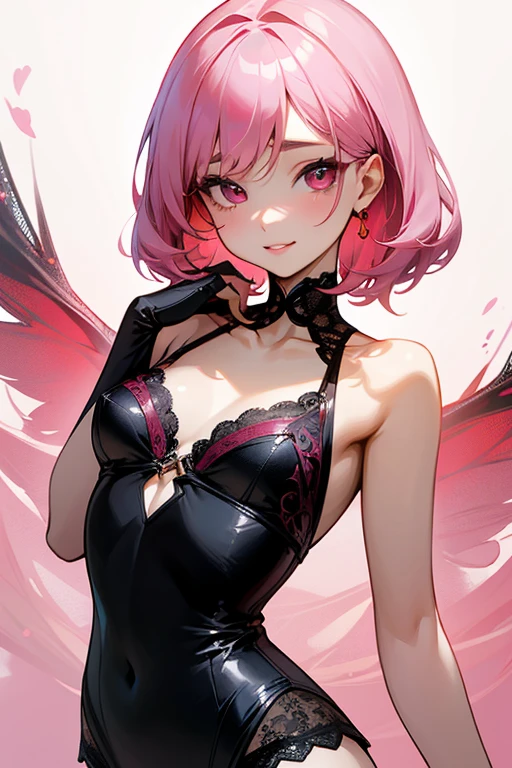 ((masterpiece, best quality)), Delicate face，Succubus，Standing picture，whole body，Perfect body proportions，Long legs，Handsome short hair，Nice pink eyes，Fantasy style，White background，Extremely beautiful，transparent，Transparent_比基尼，chain，Tattoo，Lace，Heart-shaped decoration，Dewy holes