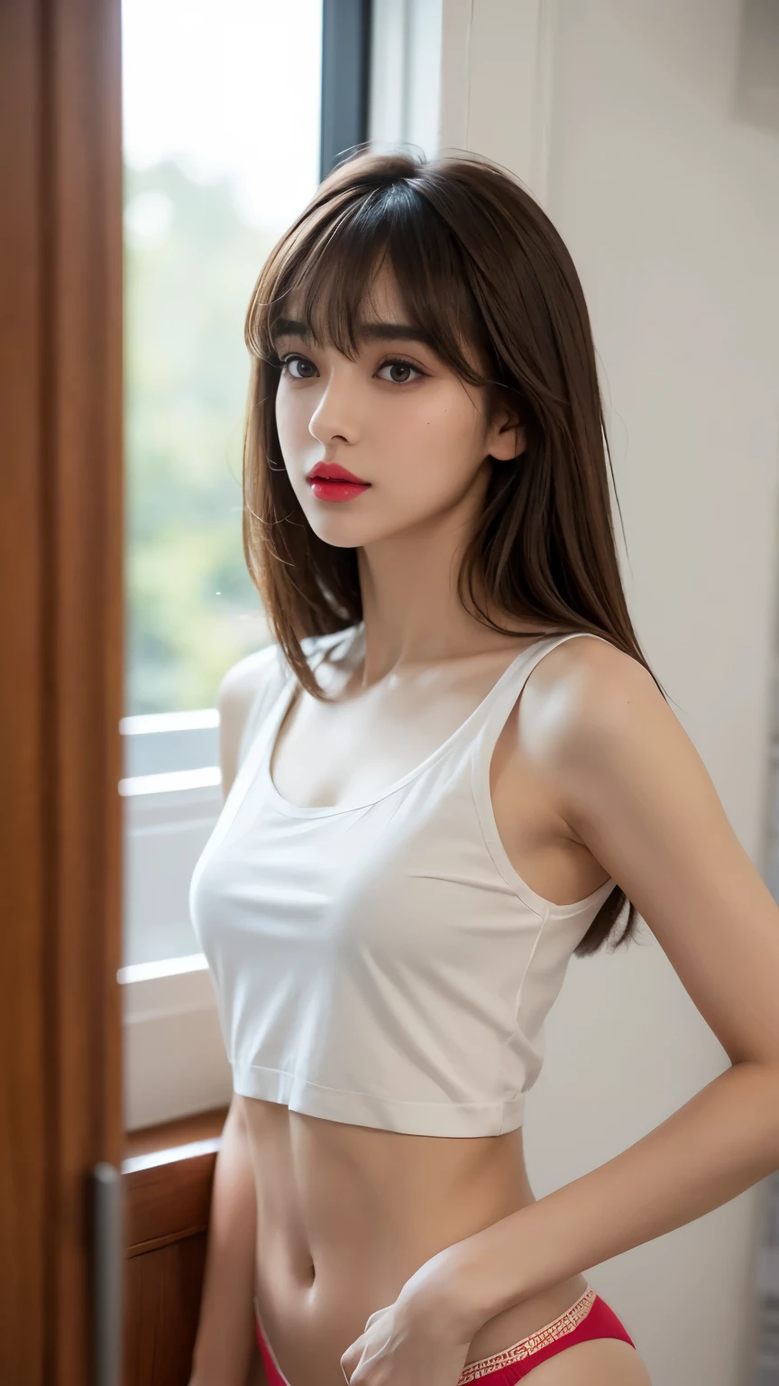 top Quority,Ultra-clear resolution, beauty, hidden face, (beautiful Indian girl's), beauty:1.3, slender abs: 1.1, ((brown hair long with bangs bangs))., ((Micro panties)). ((Tank top shirt)). Stand_looking back. small thigh circumference. shot from the back angle. in front of the make-up mirror, _ultra-detailed face, highly detailed lips, detailed eyes, double eyelids, make-up face. Red lipstick