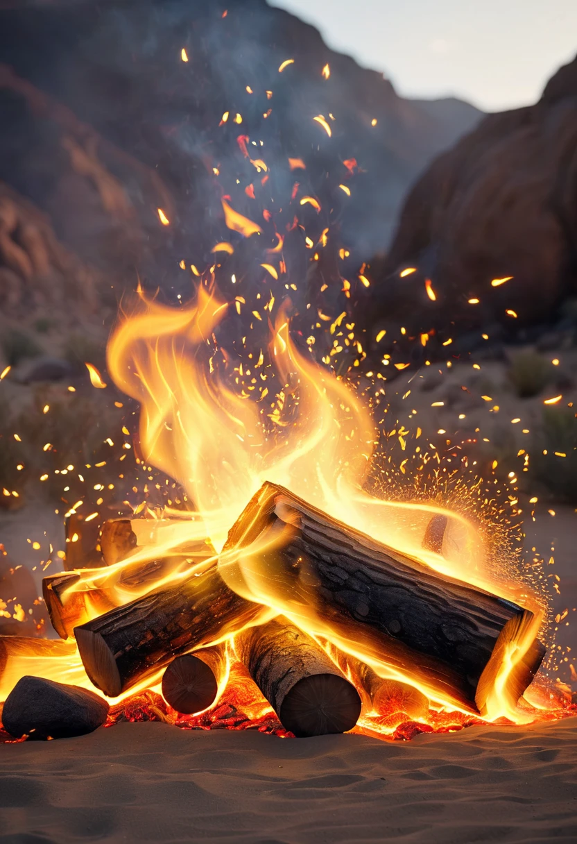 wide shot:1.5, ((1 campfire:1.6, photo by an award-winning professional photographer, dancing fire, sparks, motion blur of the red and yellow flames, the best possible quality, Ultra resolution 8k, Stunning illustration, Best of all , award-winning, how to be the best, Add effect at the end, epic desert environment: 1.5, photorealistic: 1.4, skin texture: 1.4, super masterpiece, super detailed, hyper detailed, 32K